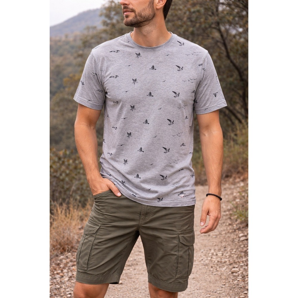 Denim & Flower Ricky Singh Mens Gray Bird Print T-Shirt Large Short sleeve